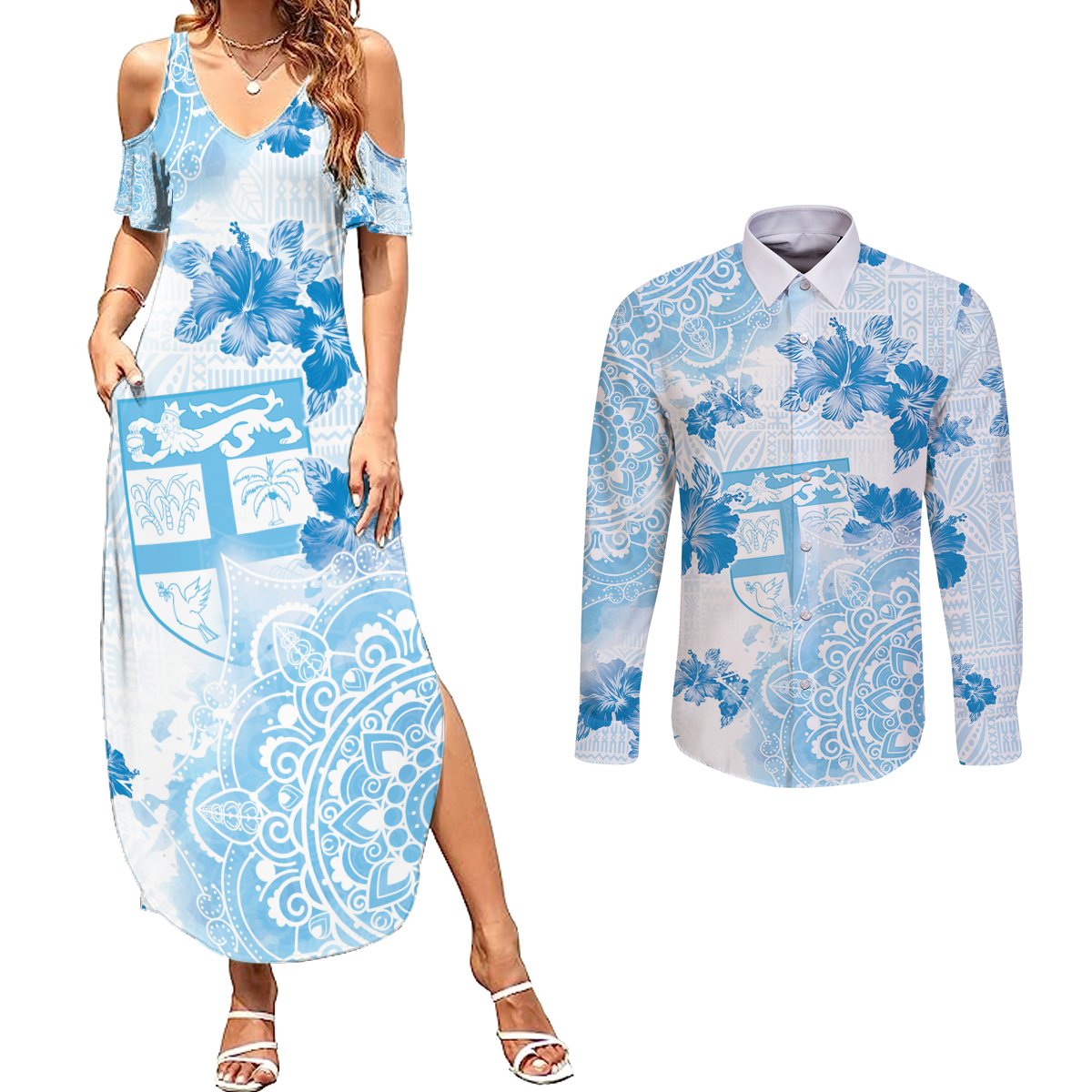 Happy Fiji Girmit Day Couples Matching Summer Maxi Dress and Long Sleeve Button Shirt Fijian Tapa With Mandala Pattern LT05 Blue - Polynesian Pride
