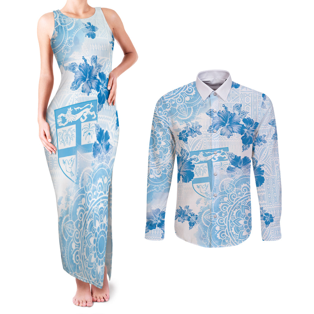 Happy Fiji Girmit Day Couples Matching Tank Maxi Dress and Long Sleeve Button Shirt Fijian Tapa With Mandala Pattern LT05 Blue - Polynesian Pride