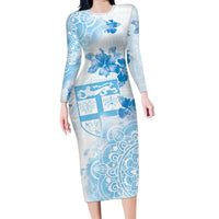 Happy Fiji Girmit Day Family Matching Long Sleeve Bodycon Dress and Hawaiian Shirt Fijian Tapa With Mandala Pattern LT05 Mom's Dress Blue - Polynesian Pride