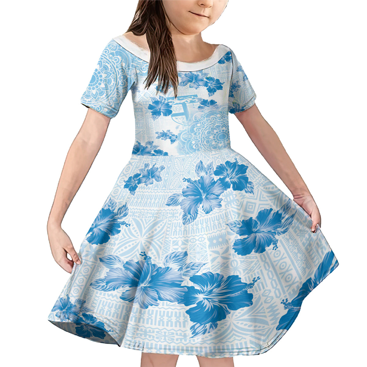 Happy Fiji Girmit Day Family Matching Mermaid Dress and Hawaiian Shirt Fijian Tapa With Mandala Pattern LT05 Daughter's Dress Blue - Polynesian Pride
