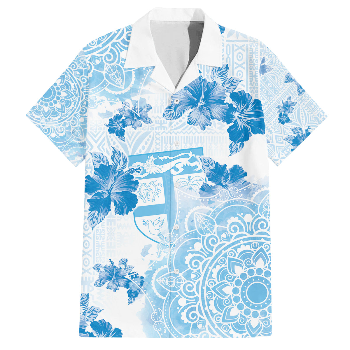 Happy Fiji Girmit Day Family Matching Off Shoulder Maxi Dress and Hawaiian Shirt Fijian Tapa With Mandala Pattern LT05 Dad's Shirt - Short Sleeve Blue - Polynesian Pride