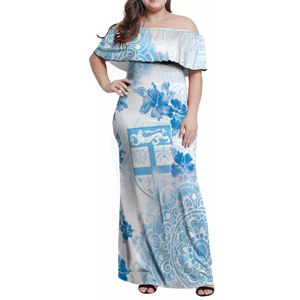 Happy Fiji Girmit Day Family Matching Off Shoulder Maxi Dress and Hawaiian Shirt Fijian Tapa With Mandala Pattern LT05 Mom's Dress Blue - Polynesian Pride