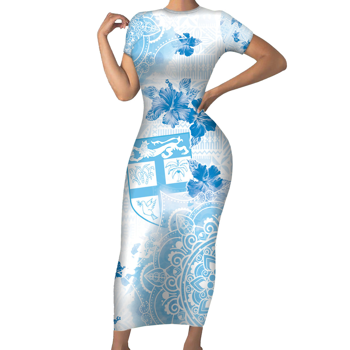 Happy Fiji Girmit Day Short Sleeve Bodycon Dress Fijian Tapa With Mandala Pattern LT05 Long Dress Blue - Polynesian Pride