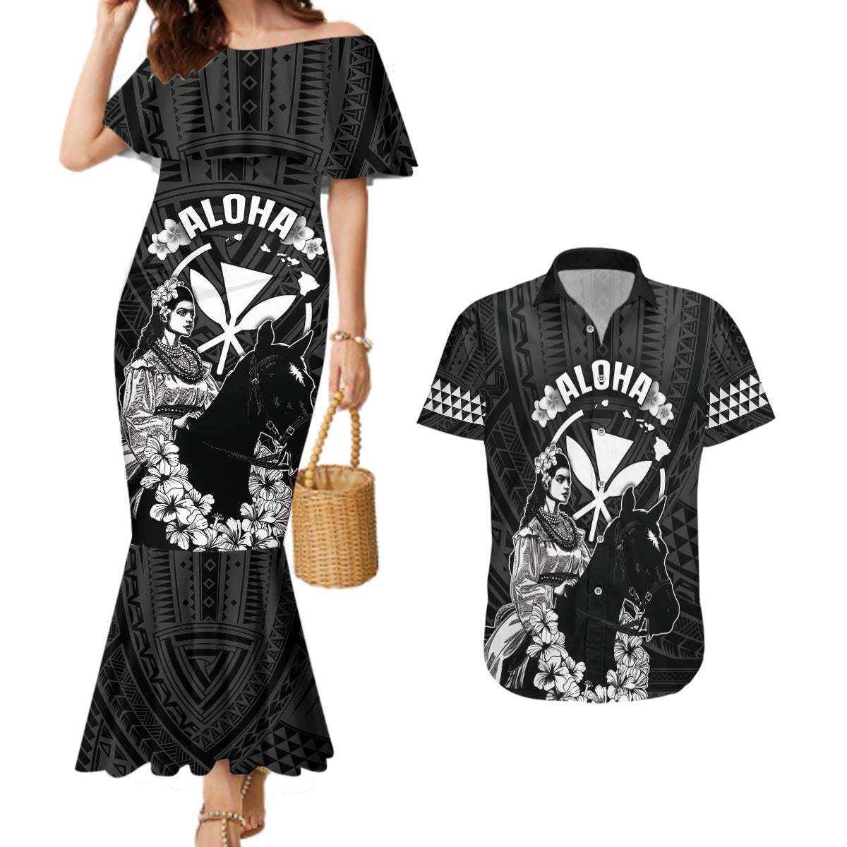 Hawaii King Kamehameha Day Parade Couples Matching Mermaid Dress and Hawaiian Shirt With Pa'u Riders Plumeria Kakau Tribal Pattern LT05 Black - Polynesian Pride