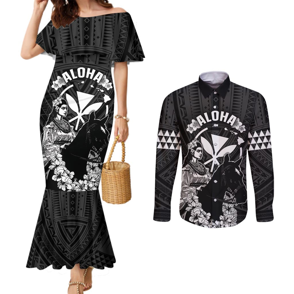 Hawaii King Kamehameha Day Parade Couples Matching Mermaid Dress and Long Sleeve Button Shirt With Pa'u Riders Plumeria Kakau Tribal Pattern LT05 Black - Polynesian Pride