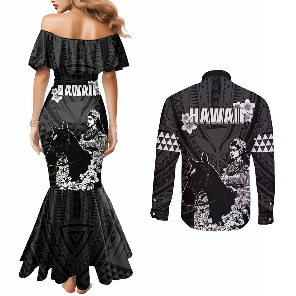 Hawaii King Kamehameha Day Parade Couples Matching Mermaid Dress and Long Sleeve Button Shirt With Pa'u Riders Plumeria Kakau Tribal Pattern LT05 - Polynesian Pride