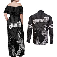Hawaii King Kamehameha Day Parade Couples Matching Off Shoulder Maxi Dress and Long Sleeve Button Shirt With Pa'u Riders Plumeria Kakau Tribal Pattern LT05 - Polynesian Pride