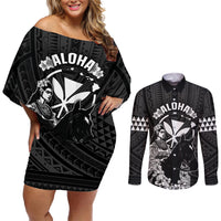 Hawaii King Kamehameha Day Parade Couples Matching Off Shoulder Short Dress and Long Sleeve Button Shirt With Pa'u Riders Plumeria Kakau Tribal Pattern LT05 Black - Polynesian Pride