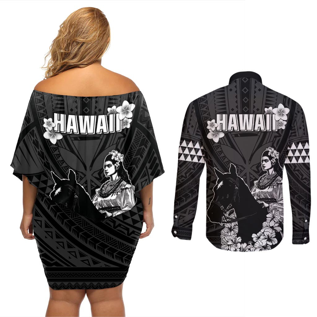 Hawaii King Kamehameha Day Parade Couples Matching Off Shoulder Short Dress and Long Sleeve Button Shirt With Pa'u Riders Plumeria Kakau Tribal Pattern LT05 - Polynesian Pride