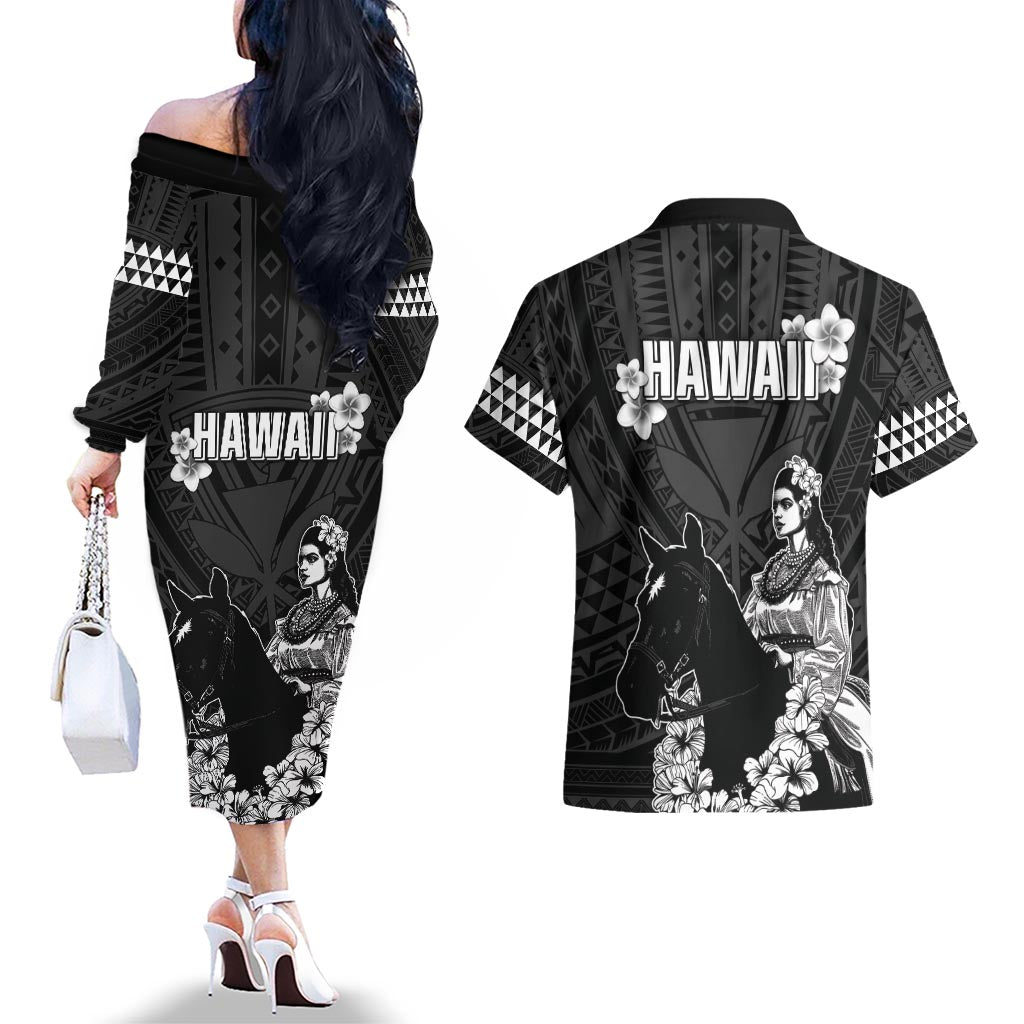 Hawaii King Kamehameha Day Parade Couples Matching Off The Shoulder Long Sleeve Dress and Hawaiian Shirt With Pa'u Riders Plumeria Kakau Tribal Pattern LT05 - Polynesian Pride