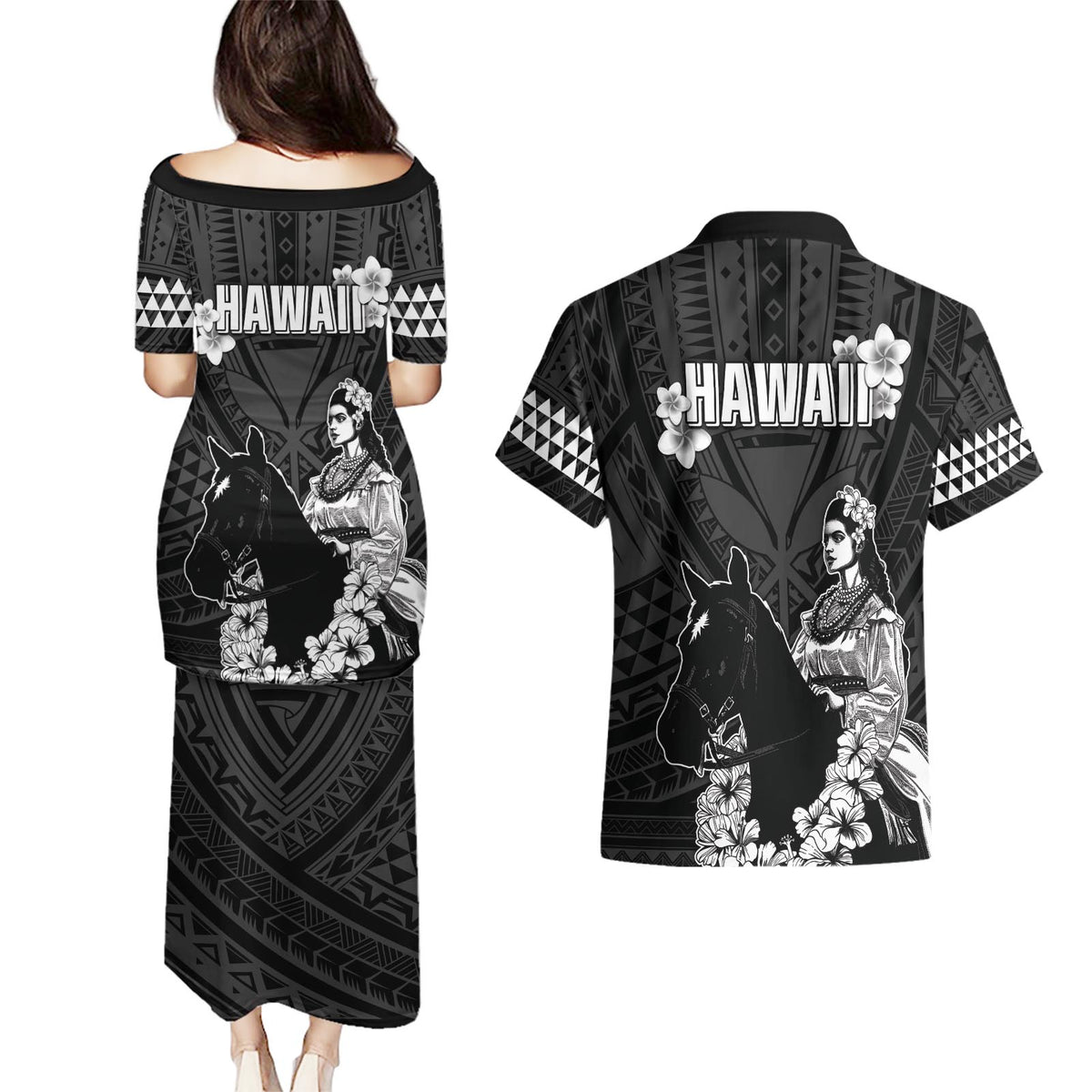 Hawaii King Kamehameha Day Parade Couples Matching Puletasi and Hawaiian Shirt With Pa'u Riders Plumeria Kakau Tribal Pattern LT05 - Polynesian Pride