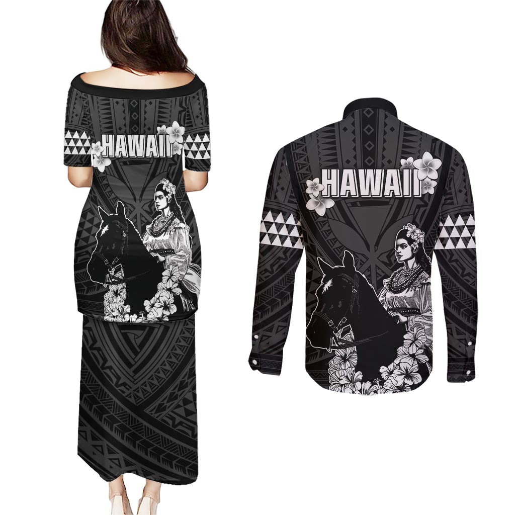Hawaii King Kamehameha Day Parade Couples Matching Puletasi and Long Sleeve Button Shirt With Pa'u Riders Plumeria Kakau Tribal Pattern LT05 - Polynesian Pride
