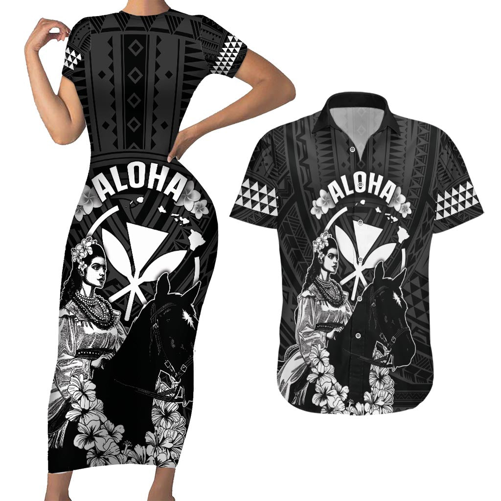 Hawaii King Kamehameha Day Parade Couples Matching Short Sleeve Bodycon Dress and Hawaiian Shirt With Pa'u Riders Plumeria Kakau Tribal Pattern LT05 Black - Polynesian Pride