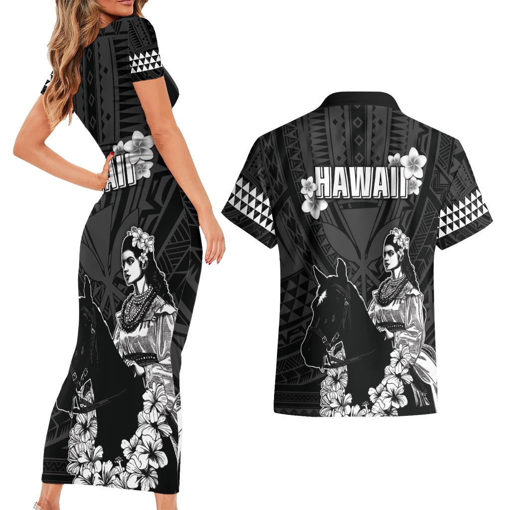 Hawaii King Kamehameha Day Parade Couples Matching Short Sleeve Bodycon Dress and Hawaiian Shirt With Pa'u Riders Plumeria Kakau Tribal Pattern LT05 - Polynesian Pride