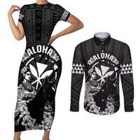 Hawaii King Kamehameha Day Parade Couples Matching Short Sleeve Bodycon Dress and Long Sleeve Button Shirt With Pa'u Riders Plumeria Kakau Tribal Pattern LT05 Black - Polynesian Pride