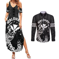 Hawaii King Kamehameha Day Parade Couples Matching Summer Maxi Dress and Long Sleeve Button Shirt With Pa'u Riders Plumeria Kakau Tribal Pattern LT05 Black - Polynesian Pride