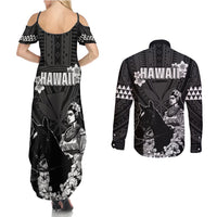 Hawaii King Kamehameha Day Parade Couples Matching Summer Maxi Dress and Long Sleeve Button Shirt With Pa'u Riders Plumeria Kakau Tribal Pattern LT05 - Polynesian Pride