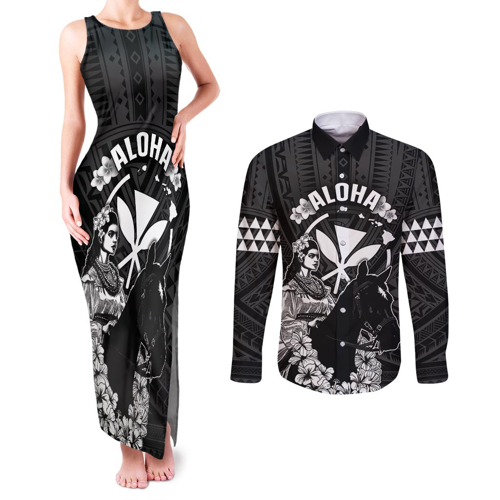 Hawaii King Kamehameha Day Parade Couples Matching Tank Maxi Dress and Long Sleeve Button Shirt With Pa'u Riders Plumeria Kakau Tribal Pattern LT05 Black - Polynesian Pride