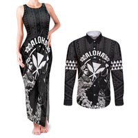 Hawaii King Kamehameha Day Parade Couples Matching Tank Maxi Dress and Long Sleeve Button Shirt With Pa'u Riders Plumeria Kakau Tribal Pattern LT05 Black - Polynesian Pride