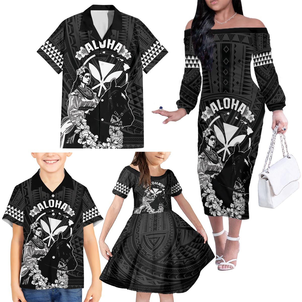 Hawaii King Kamehameha Day Parade Family Matching Off The Shoulder Long Sleeve Dress and Hawaiian Shirt With Pa'u Riders Plumeria Kakau Tribal Pattern LT05 - Polynesian Pride