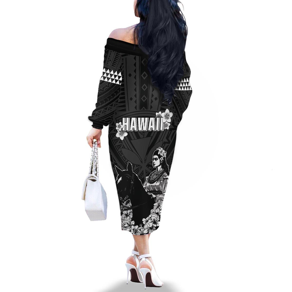 Hawaii King Kamehameha Day Parade Family Matching Off The Shoulder Long Sleeve Dress and Hawaiian Shirt With Pa'u Riders Plumeria Kakau Tribal Pattern LT05 - Polynesian Pride