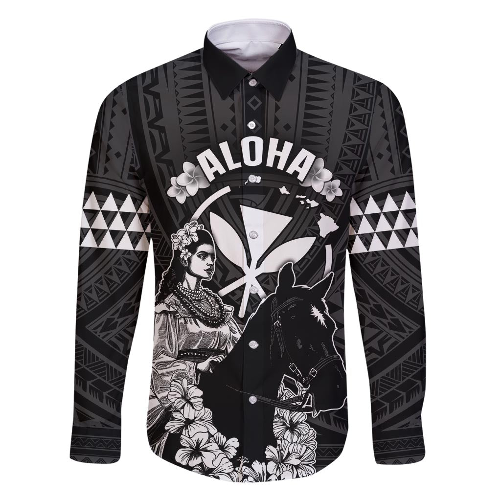 Hawaii King Kamehameha Day Parade Family Matching Off Shoulder Short Dress and Hawaiian Shirt With Pa'u Riders Plumeria Kakau Tribal Pattern LT05 Dad's Shirt - Long Sleeve Black - Polynesian Pride