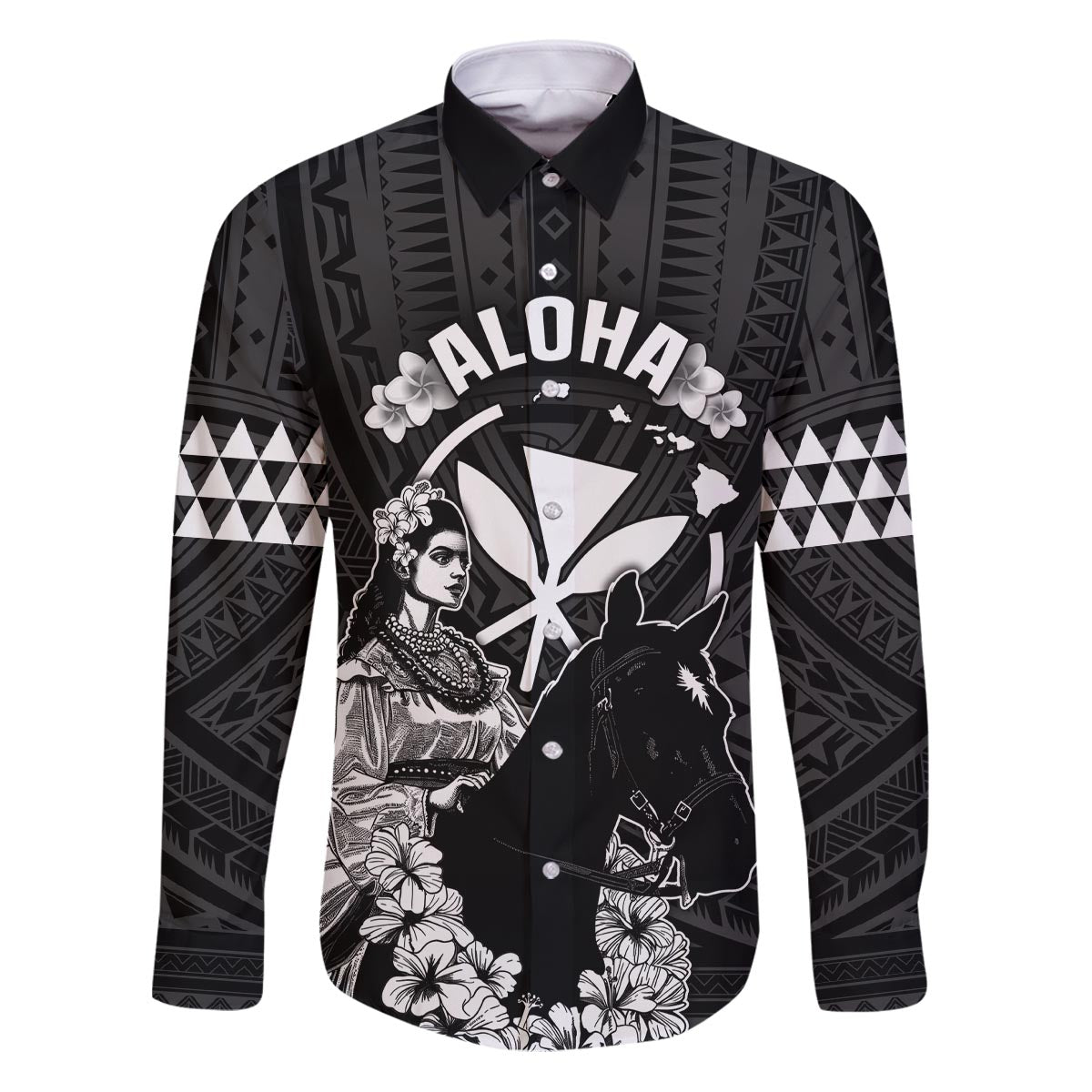 Hawaii King Kamehameha Day Parade Family Matching Puletasi and Hawaiian Shirt With Pa'u Riders Plumeria Kakau Tribal Pattern LT05 Dad's Shirt - Long Sleeve Black - Polynesian Pride