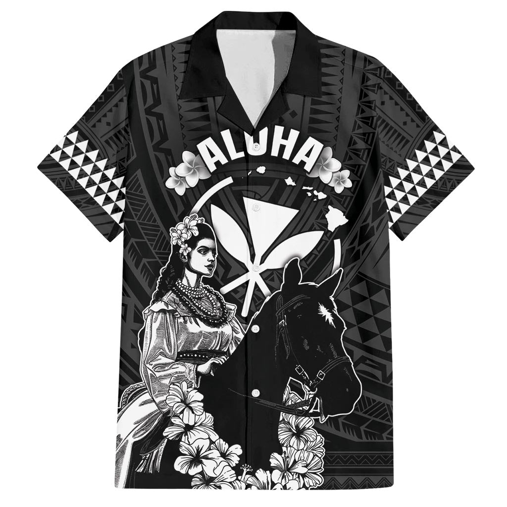 Hawaii King Kamehameha Day Parade Family Matching Tank Maxi Dress and Hawaiian Shirt With Pa'u Riders Plumeria Kakau Tribal Pattern LT05 Dad's Shirt - Short Sleeve Black - Polynesian Pride