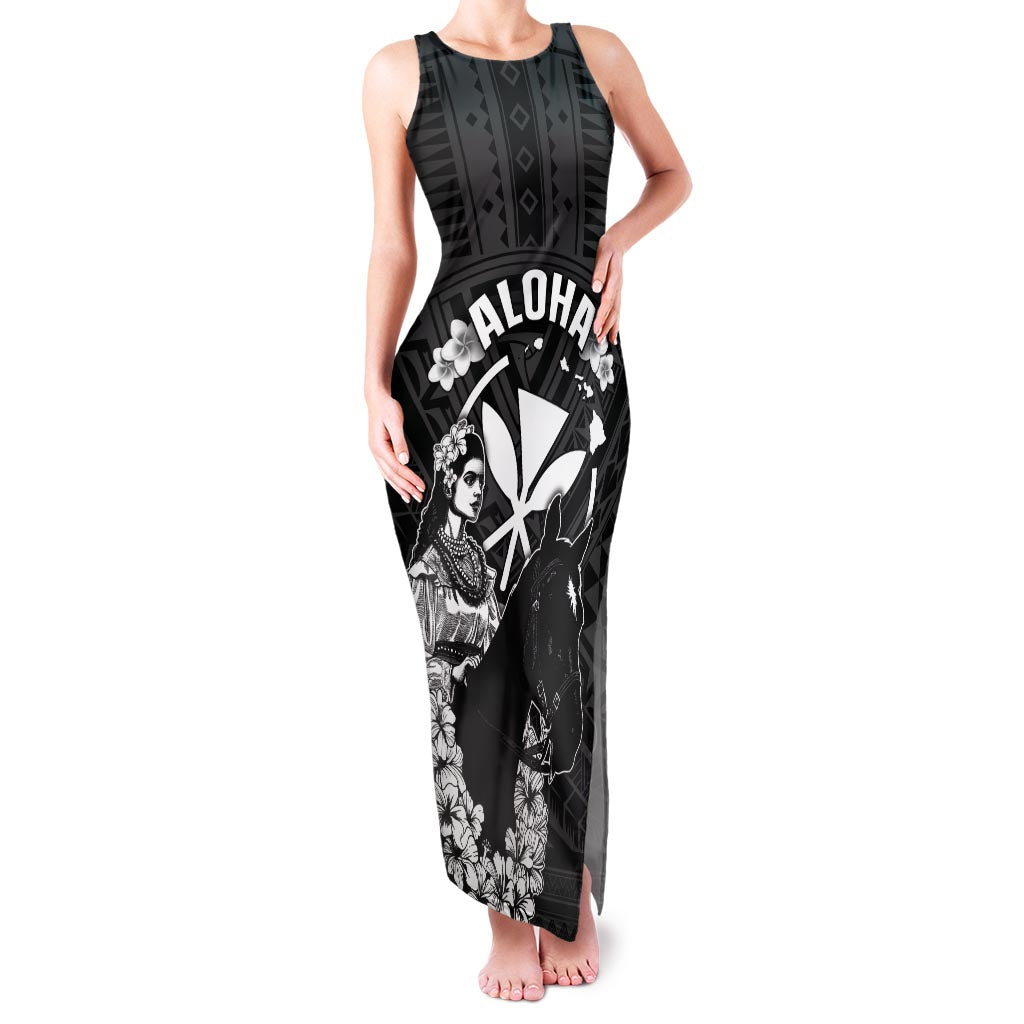 Hawaii King Kamehameha Day Parade Family Matching Tank Maxi Dress and Hawaiian Shirt With Pa'u Riders Plumeria Kakau Tribal Pattern LT05 Mom's Dress Black - Polynesian Pride