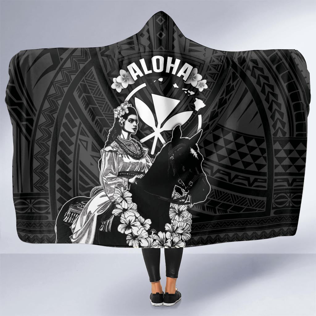 Hawaii King Kamehameha Day Parade Hooded Blanket With Pa'u Riders Plumeria Kakau Tribal Pattern LT05 One Size Black - Polynesian Pride
