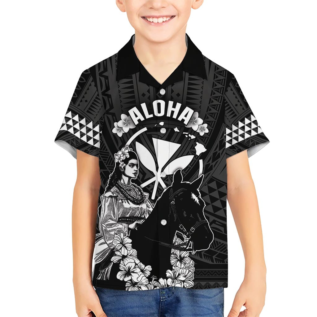 Hawaii King Kamehameha Day Parade Kid Hawaiian Shirt With Pa'u Riders Plumeria Kakau Tribal Pattern LT05 Kid Black - Polynesian Pride