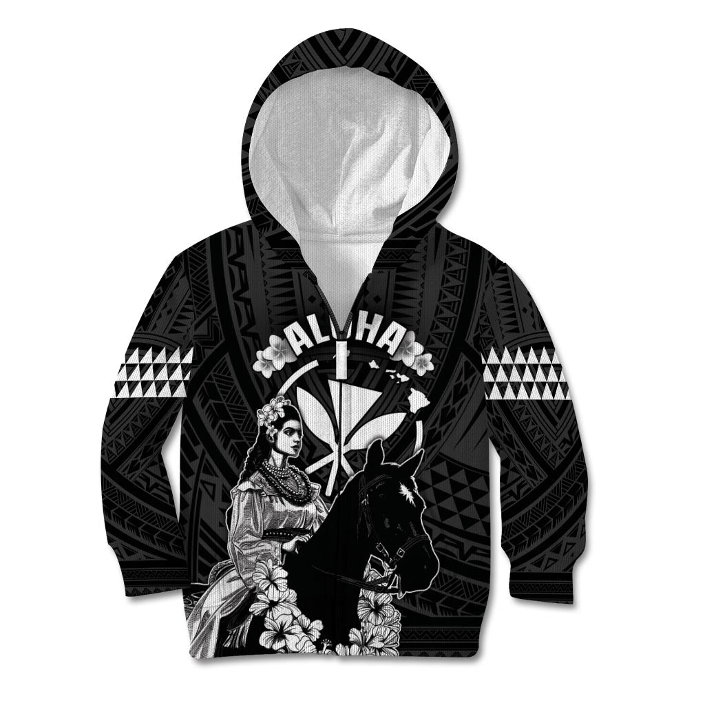 Hawaii King Kamehameha Day Parade Kid Hoodie With Pa'u Riders Plumeria Kakau Tribal Pattern LT05 Zip Hoodie Black - Polynesian Pride