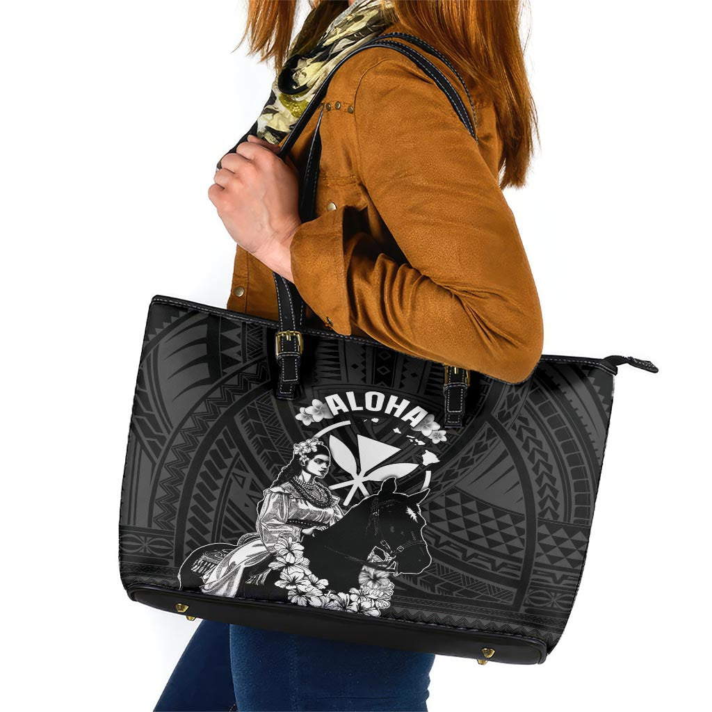Hawaii King Kamehameha Day Parade Leather Tote Bag With Pa'u Riders Plumeria Kakau Tribal Pattern LT05 Black - Polynesian Pride