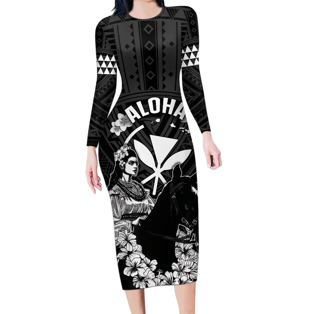 Hawaii King Kamehameha Day Parade Long Sleeve Bodycon Dress With Pa'u Riders Plumeria Kakau Tribal Pattern LT05 Long Dress Black - Polynesian Pride