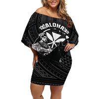 Hawaii King Kamehameha Day Parade Off Shoulder Short Dress With Pa'u Riders Plumeria Kakau Tribal Pattern LT05 Women Black - Polynesian Pride