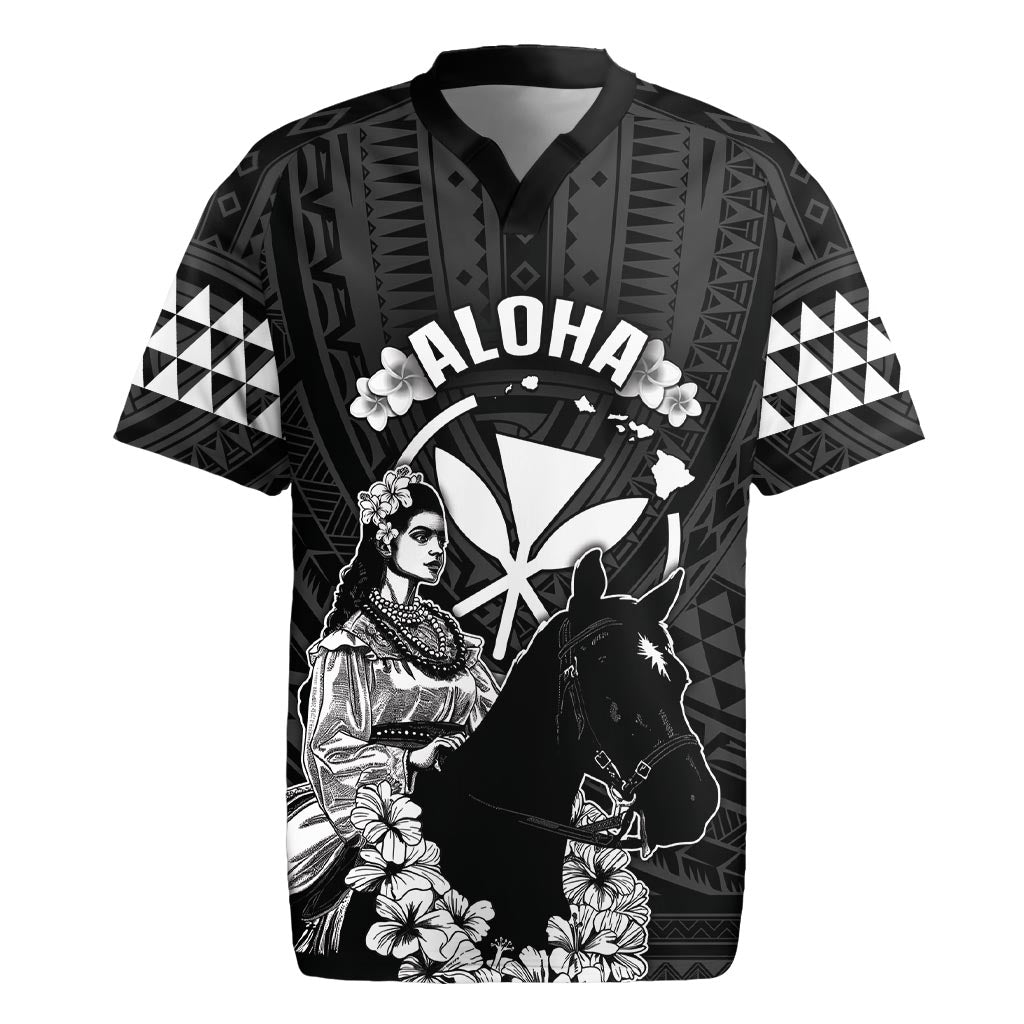 Hawaii King Kamehameha Day Parade Rugby Jersey With Pa'u Riders Plumeria Kakau Tribal Pattern LT05 Black - Polynesian Pride