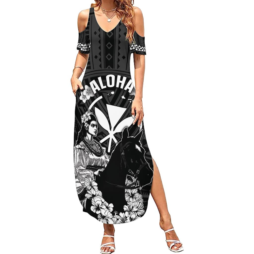 Hawaii King Kamehameha Day Parade Summer Maxi Dress With Pa'u Riders Plumeria Kakau Tribal Pattern LT05 Women Black - Polynesian Pride