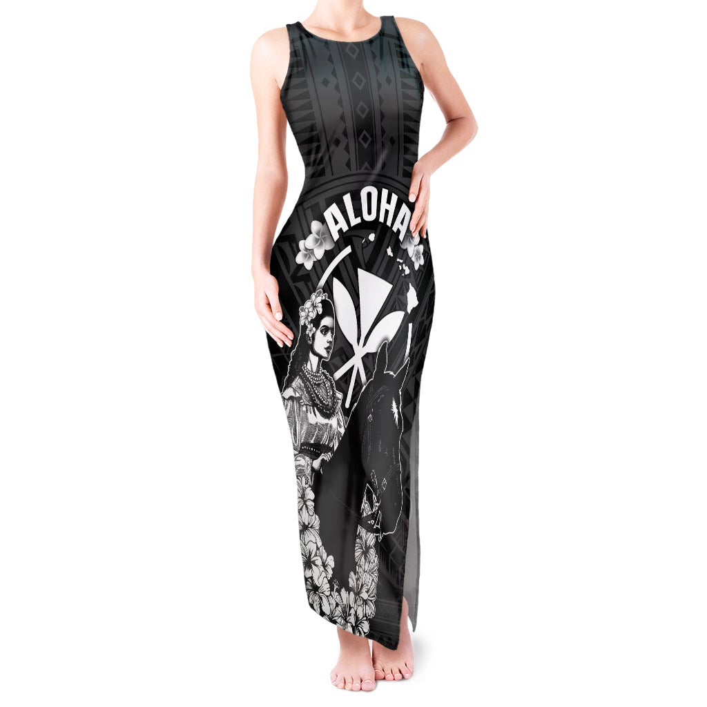 Hawaii King Kamehameha Day Parade Tank Maxi Dress With Pa'u Riders Plumeria Kakau Tribal Pattern LT05 Women Black - Polynesian Pride