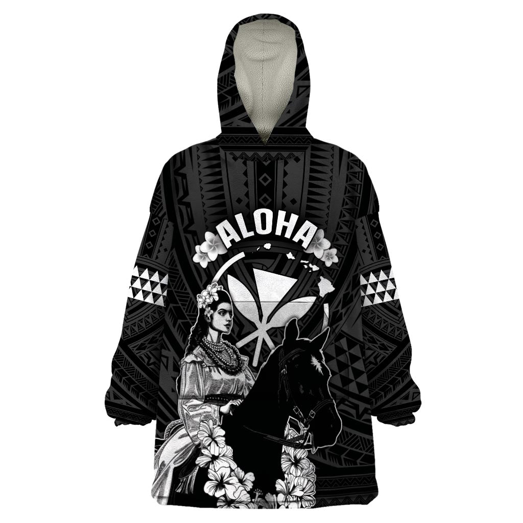Hawaii King Kamehameha Day Parade Wearable Blanket Hoodie With Pa'u Riders Plumeria Kakau Tribal Pattern LT05 One Size Black - Polynesian Pride