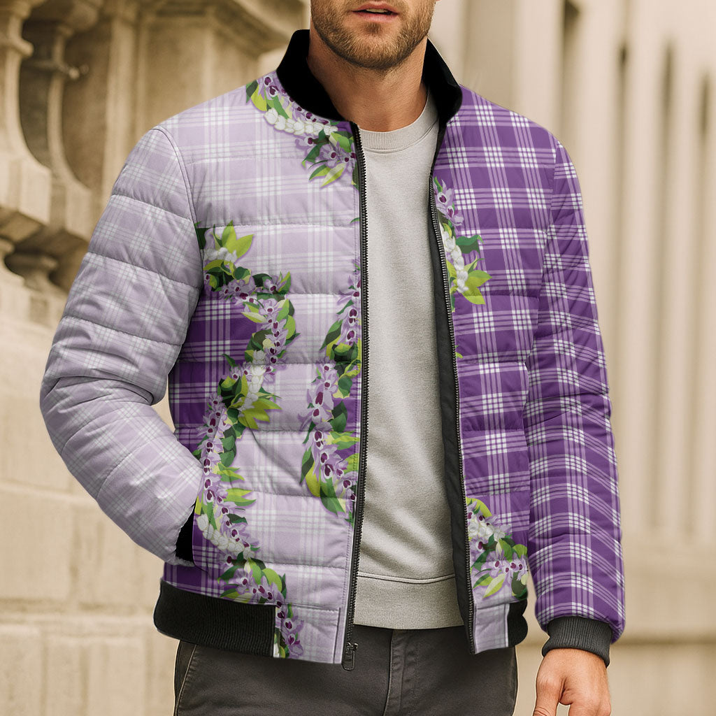 Violet Hawaii Palaka Bomber Puffer Jacket Maile Pikake Honohono Orchid Lei
