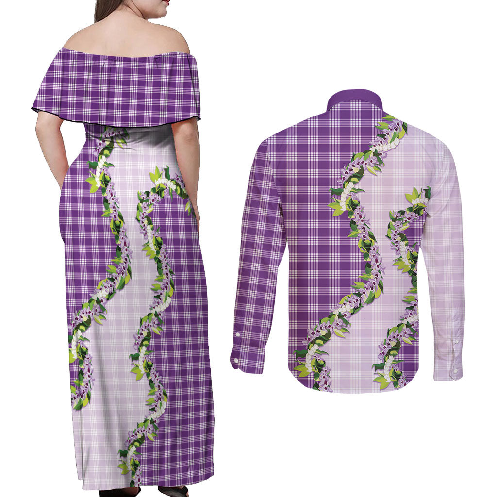 Violet Hawaii Palaka Couples Matching Off Shoulder Maxi Dress and Long Sleeve Button Shirt Maile Pikake Honohono Orchid Lei LT05 - Polynesian Pride