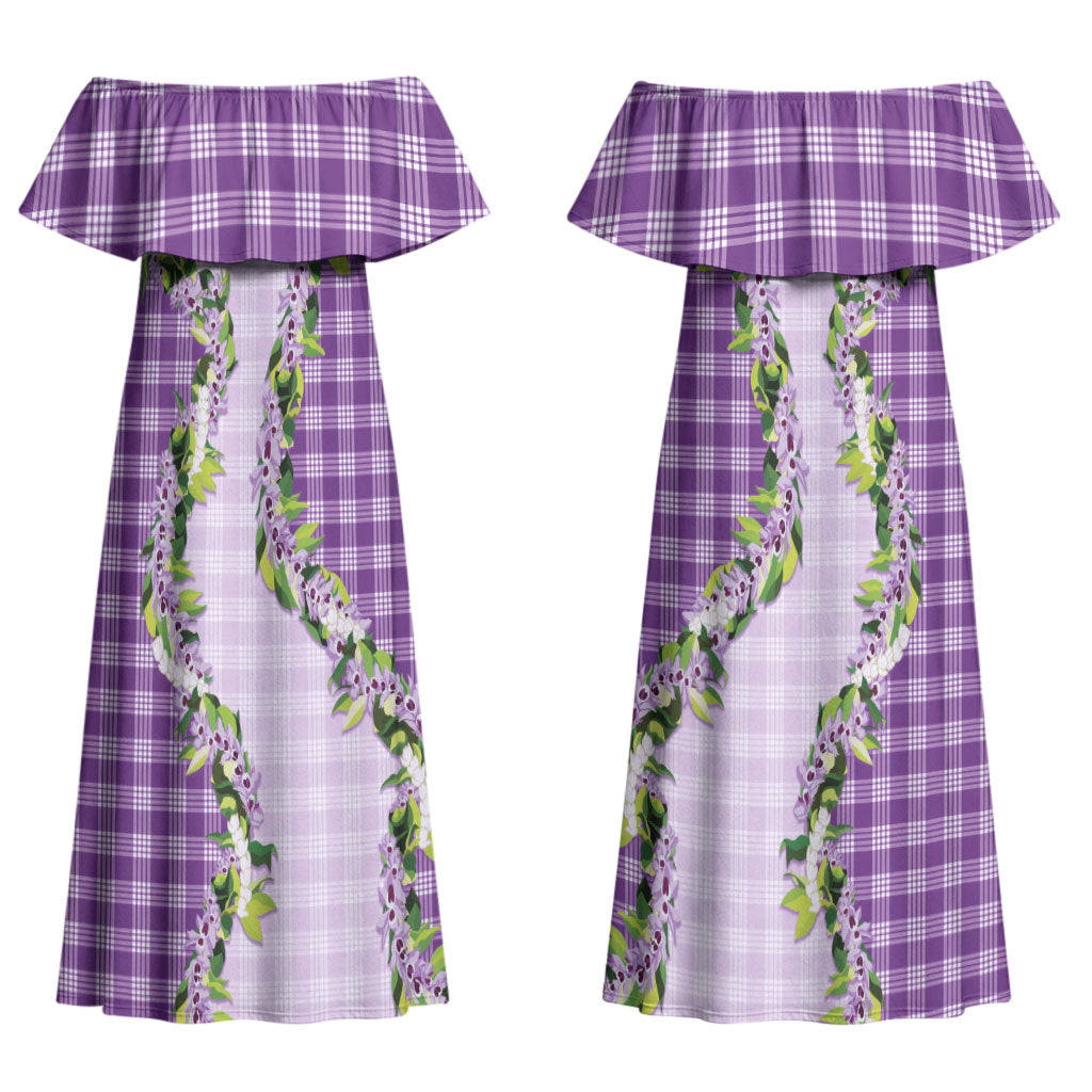 Violet Hawaii Palaka Couples Matching Off Shoulder Maxi Dress and Long Sleeve Button Shirt Maile Pikake Honohono Orchid Lei LT05 - Polynesian Pride