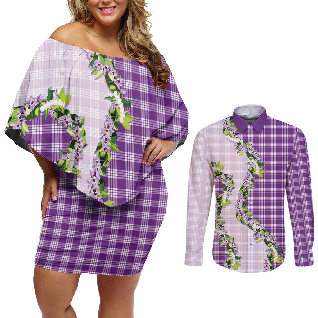 Violet Hawaii Palaka Couples Matching Off Shoulder Short Dress and Long Sleeve Button Shirt Maile Pikake Honohono Orchid Lei LT05 Violet - Polynesian Pride