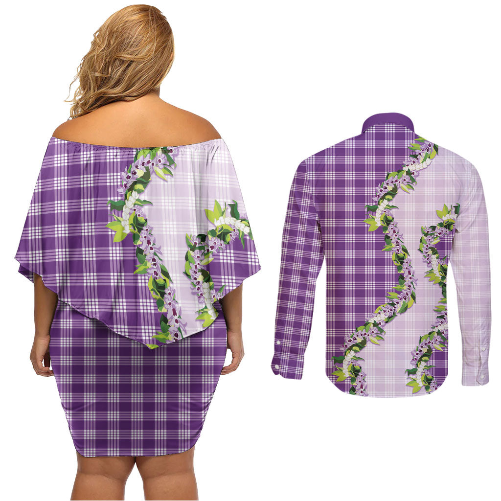 Violet Hawaii Palaka Couples Matching Off Shoulder Short Dress and Long Sleeve Button Shirt Maile Pikake Honohono Orchid Lei LT05 - Polynesian Pride
