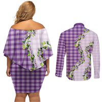 Violet Hawaii Palaka Couples Matching Off Shoulder Short Dress and Long Sleeve Button Shirt Maile Pikake Honohono Orchid Lei LT05 - Polynesian Pride