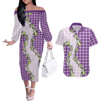 Violet Hawaii Palaka Couples Matching Off The Shoulder Long Sleeve Dress and Hawaiian Shirt Maile Pikake Honohono Orchid Lei LT05 Violet - Polynesian Pride