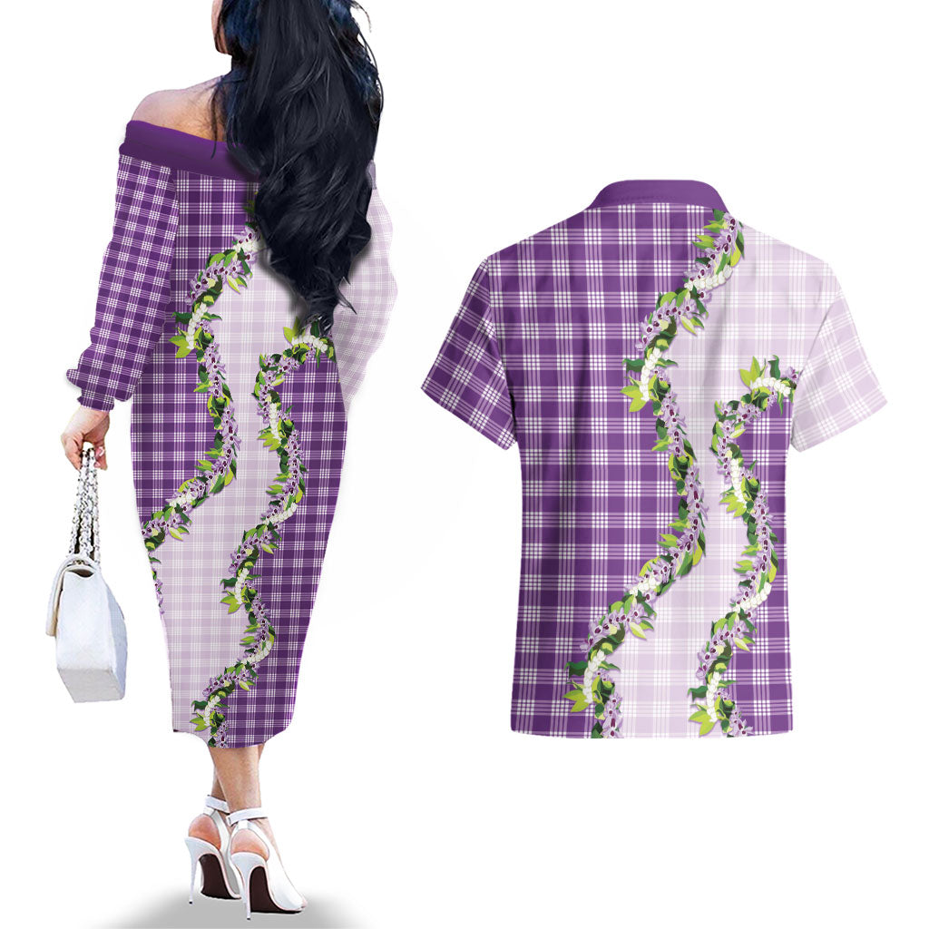 Violet Hawaii Palaka Couples Matching Off The Shoulder Long Sleeve Dress and Hawaiian Shirt Maile Pikake Honohono Orchid Lei LT05 - Polynesian Pride