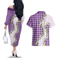 Violet Hawaii Palaka Couples Matching Off The Shoulder Long Sleeve Dress and Hawaiian Shirt Maile Pikake Honohono Orchid Lei LT05 - Polynesian Pride