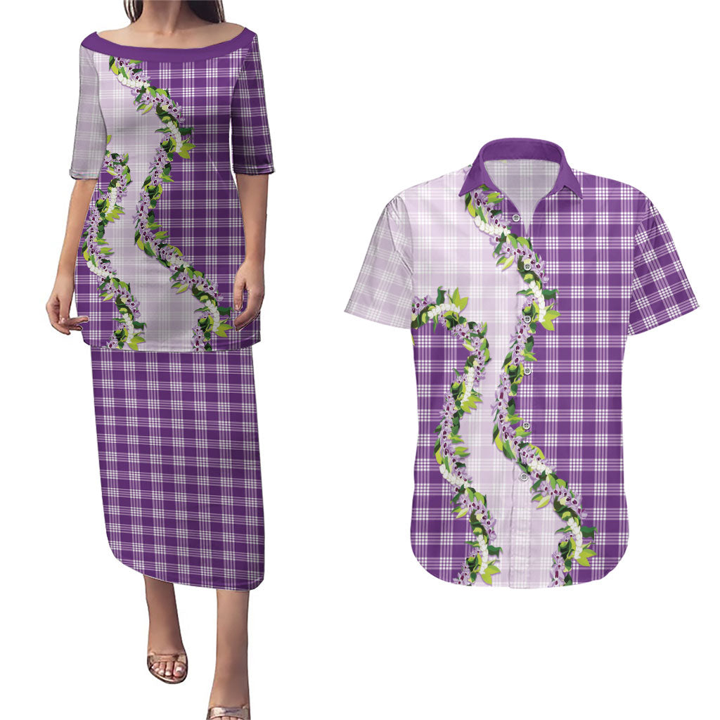 Violet Hawaii Palaka Couples Matching Puletasi and Hawaiian Shirt Maile Pikake Honohono Orchid Lei LT05 Violet - Polynesian Pride