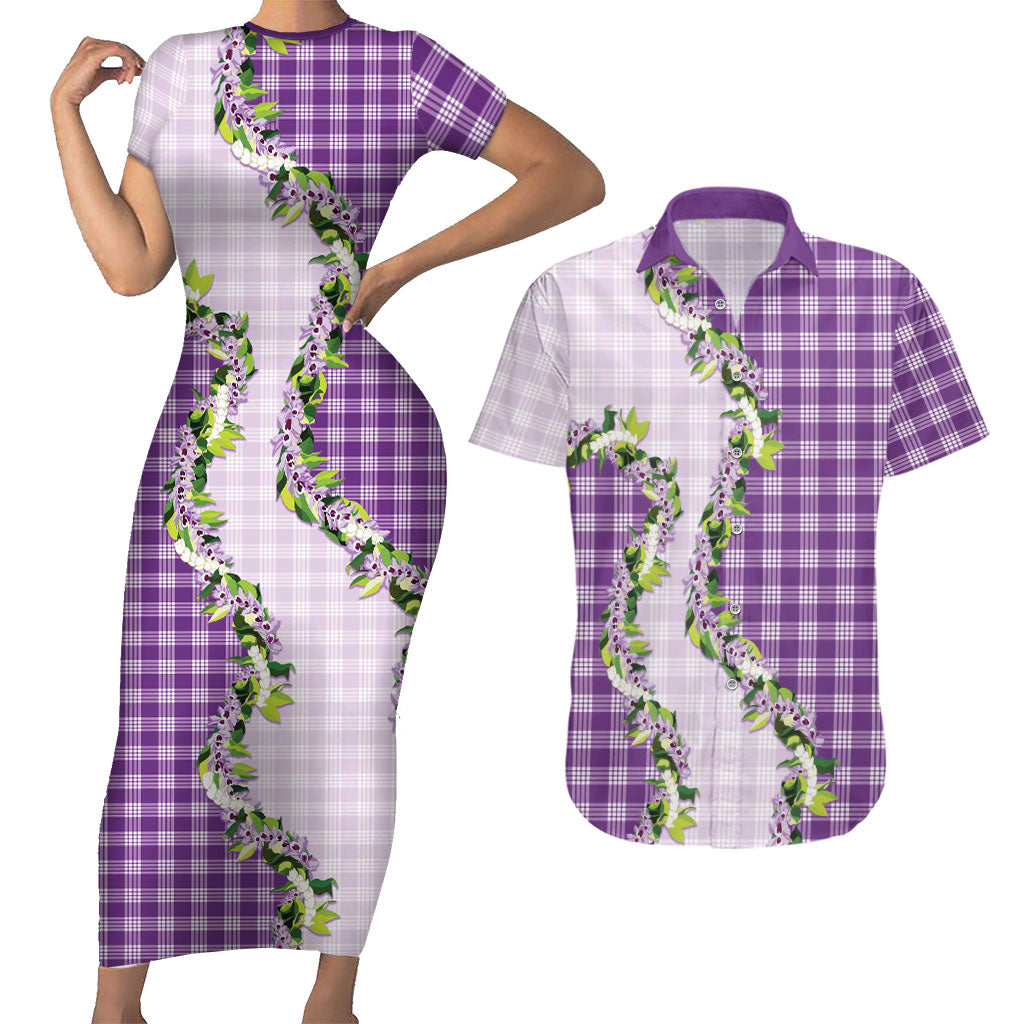 Violet Hawaii Palaka Couples Matching Short Sleeve Bodycon Dress and Hawaiian Shirt Maile Pikake Honohono Orchid Lei